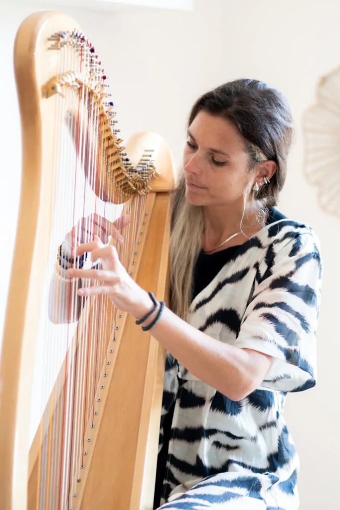 Harpiste de Chambéry jouant de son instrument en lumière naturelle, plan large